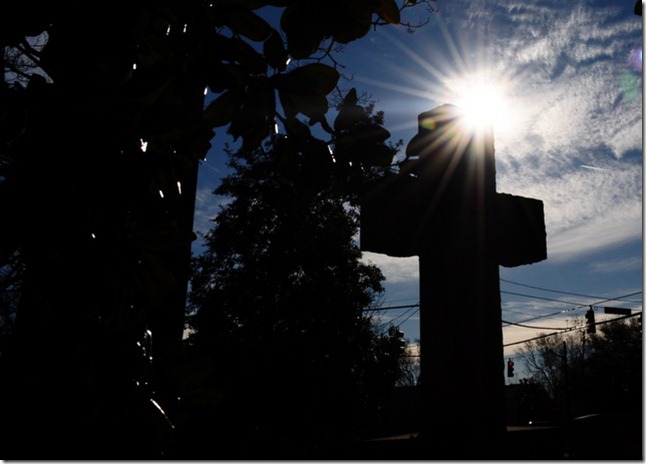 St. Paul's Episcopal church Edenton, NC cemetery cross sunflare
